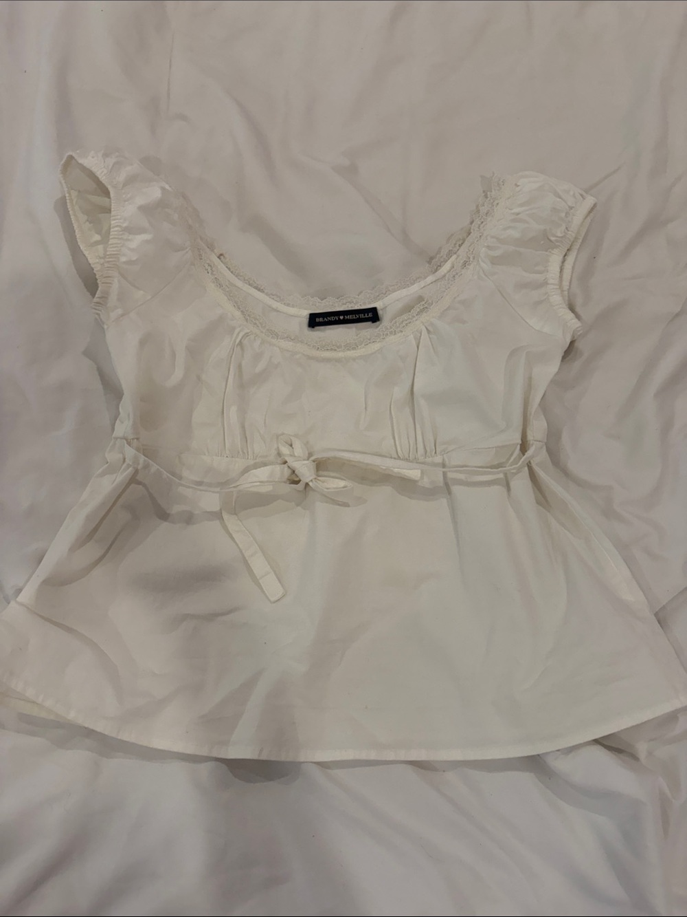 Brandon Thomas Cream Lace-Trim Tie-Waist Peplum Top